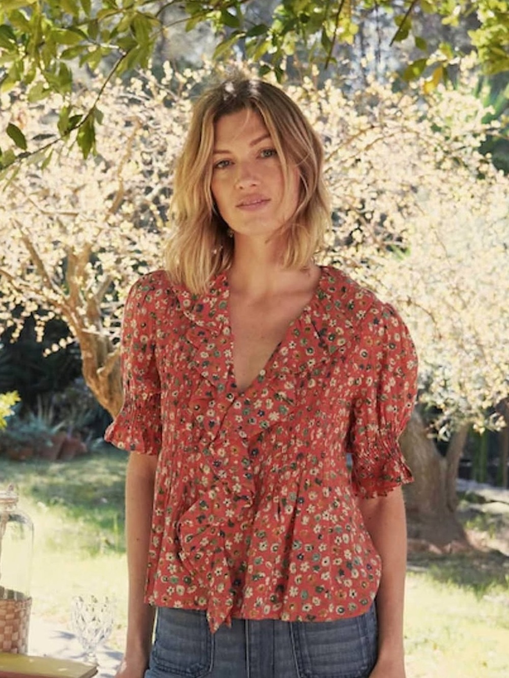DOEN Henri Organic Cotton Top Blouse Red Floral Pintuck Button-Front XS